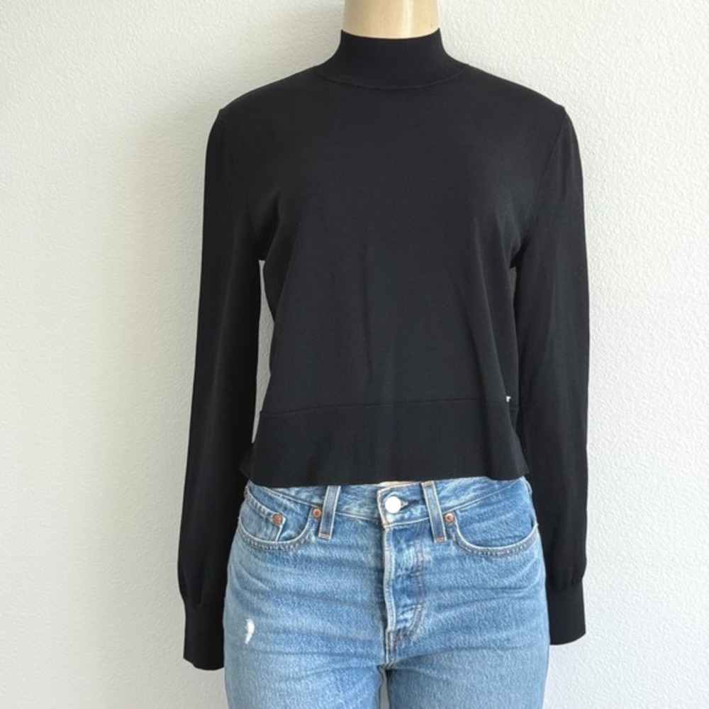 Sweaty Betty Mesh Back Top M Black Athleisure Mock Neck Sheer Panel Long Sleeve